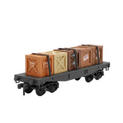 Miniature train flatcar transports four wooden cargo crates