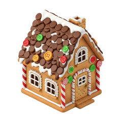 A delicious holiday decorated gingerbread house on black background