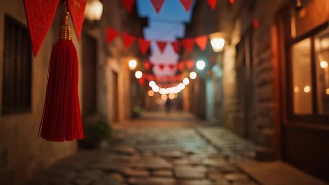 Festive Cobblestone Street with Red Banners and Warm Lights at Dusk