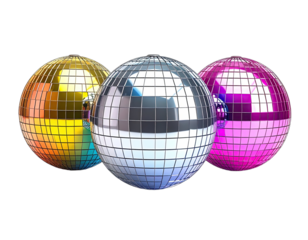 Three colorful spherical objects, mosaic-like, reflective on black background