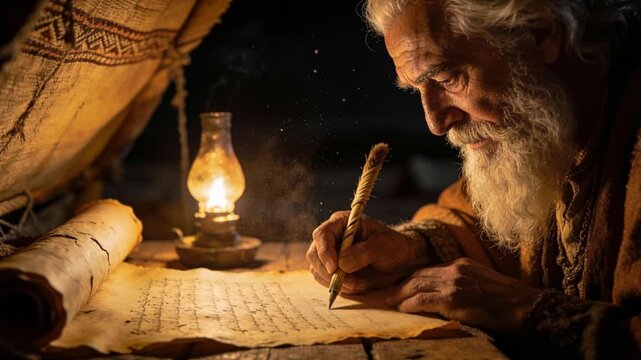 AI Generated video of Prophet Moses writing the Torah scroll, the first books of the Old Testament. history concept of scripture and God's law