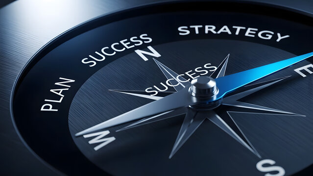 close up of a compass with needle pointing to success indicating strategy and plan for future direction and business goals