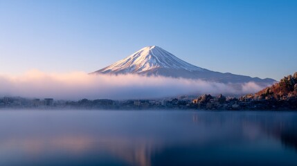 Fototapeta premium Serene landscape of mountain Fuji in Japan with mist and fog in the foreground, snow on the peak, clear blue sky above, and calm lake Kawaguchiko reflecting beautiful nature scenery