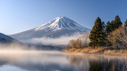 Fototapeta premium Serene landscape of mountain Fuji in Japan with mist and fog in the foreground, snow on the peak, clear blue sky above, and calm lake Kawaguchiko reflecting beautiful nature scenery