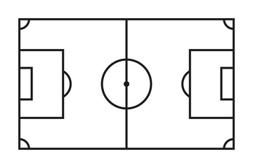 Minimalist soccer field outline in black and white, featuring a clean football pitch with goals, center circle, and field markings. Simple flat design ideal for sports graphics, apps, posters, and web © uniqueartr