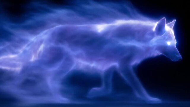 Shimmering ghost horse strides through cobalt mist, translucent mane flowing, luminous wake gliding