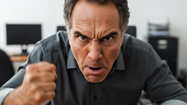 Angry Middle-Aged Businessman Expressing Frustration in Office Setting