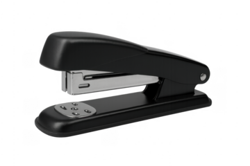 Black office stapler fastening documents transparent background