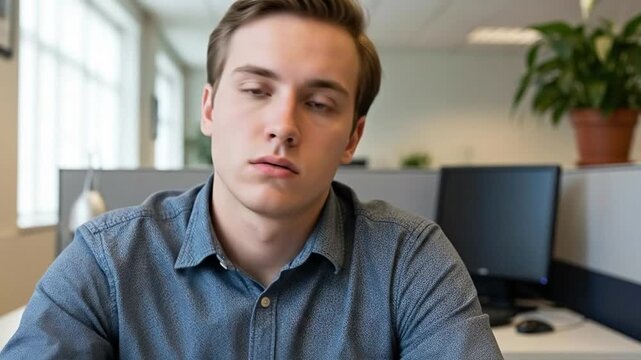 Young Male Office Worker Feeling Tired in Modern Workspace with Hands on Face