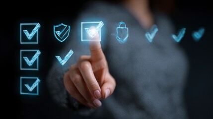 A person selects a checkmark on a digital interface, symbolizing choices. Cyber security themes with a digital touch and a blurred background