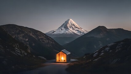 Cozy cabin with lit fireplace in front of snow-capped mountain range at