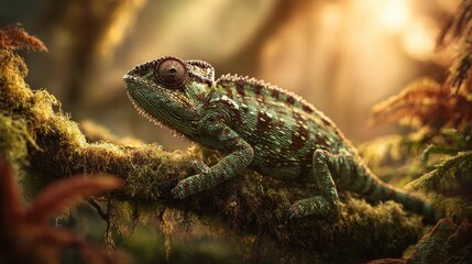 A vibrant, detailed depiction of a chameleon perched on a mossy branch amidst a lush, sun-dappled forest scene. The reptile's skin displays intricate patterns