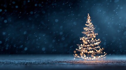 A luminous, abstract Christmas tree shimmers against a dark, bokeh-filled backdrop, with tiny white specks falling