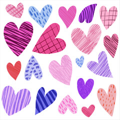 落書き柄が入ったピンク、紫、青の沢山の手描きハート。シームレスパターン背景素材