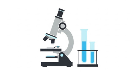 A microscope and two test tubes in a rack on a laboratory table for science and research purposes