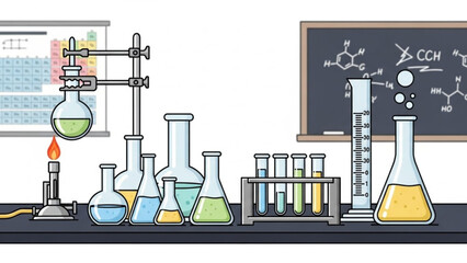 Chemistry lab equipment with beakers flasks and test tubes on a table with a blackboard and periodic