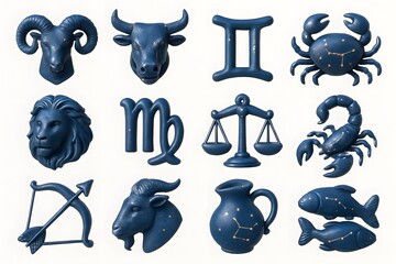 Collection of 12 Elegant Blue and Gold 3D Zodiac Astrology Icons