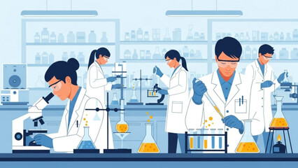 Scientists in lab coats working with various laboratory equipment and glassware