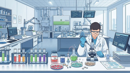 Scientist in lab coat working with microscope and various laboratory equipment and supplies on countertop