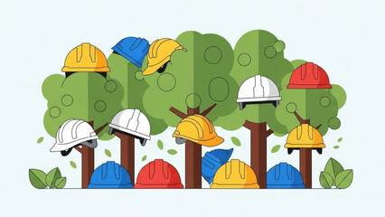 Colorful hard hats on trees with green leaves and brown trunks on white background