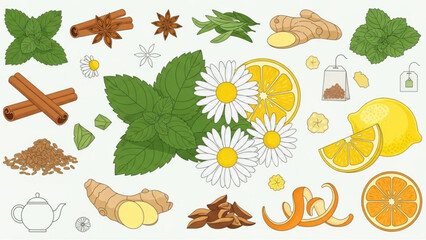 Herbal tea ingredients including lemon, ginger, cinnamon, and chamomile flowers on white background