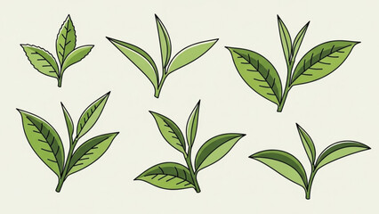 Seven green leaves on stems with varying shapes and sizes on light background