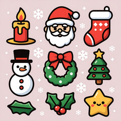 Modern christmas symbol collection with tree santa hat gift reindeer head stocking candy cane snowflake and holly, bright color icon pack, flat style vector, Set of cute Christmas. Generative AI