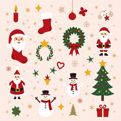 Modern christmas symbol collection with tree santa hat gift reindeer head stocking candy cane snowflake and holly, bright color icon pack, flat style vector, Set of cute Christmas. Generative AI