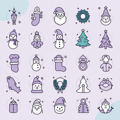 Modern christmas symbol collection with tree santa hat gift reindeer head stocking candy cane snowflake and holly, bright color icon pack, flat style vector, Set of cute Christmas. Generative AI