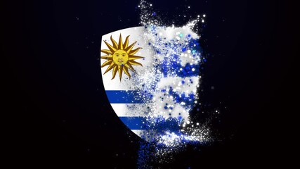 Animated Uruguay Flag with a shield shape formed by flowing particles, symbolizing global digital connectivity and data networks.