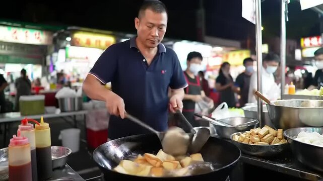Street food vendor frying tofu.