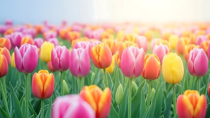 Vibrant tulip field under sunny blue sky