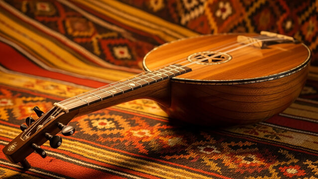 A warm cultural image of gambus placed on traditional fabric, symbolizing Indonesian musical fusion.