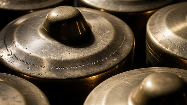 A detailed close-up of bonang highlighting metal texture and reflective surfaces in gamelan music.