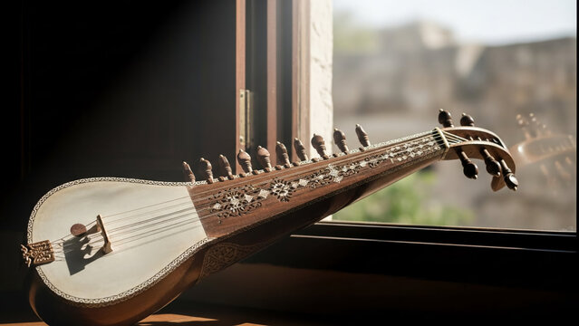 A serene image of the rebab instrument captured with soft shadows, representing Indonesian classical music.