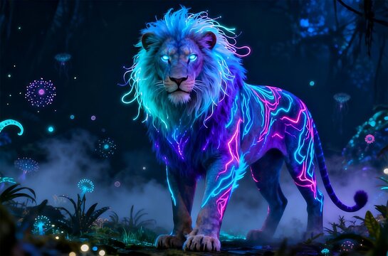 A highly alien lion from the world of Pandora (Avatar universe), featuring an exotic, otherworldly anatomy with sharp elegant contours and bioluminescent neon colors. Its fur and skin glow with vibran