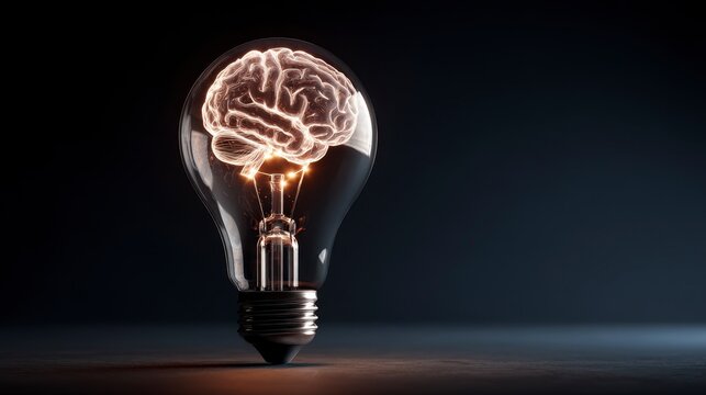 A lightbulb silhouette containing a glowing illustration of a human brain, suggesting creativity and intellect. The background is a gradient dark color