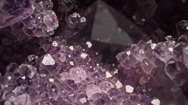 Close-up of a split open amethyst geode revealing its sparkling crystalline interior with intense light shining through.