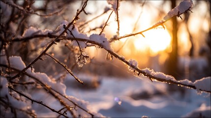 Close-up of snow-covered branches with a blurred background of an arctic forest at sunset. Sunlight creates a warm glow on the tree branches, while the landscape is covered in fresh powder snow.