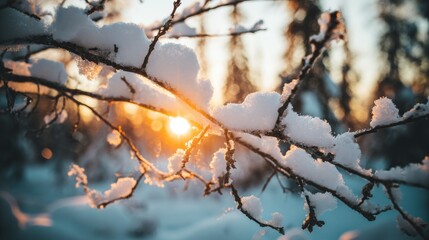 Close-up of snow-covered branches with a blurred background of an arctic forest at sunset. Sunlight creates a warm glow on the tree branches, while the landscape is covered in fresh powder snow.