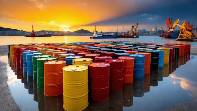 Industrial Harmony: Colorful oil drums create a vibrant spectacle on a harbor, set against a stunning sunset sky and industrial machines, symbolizing industry.