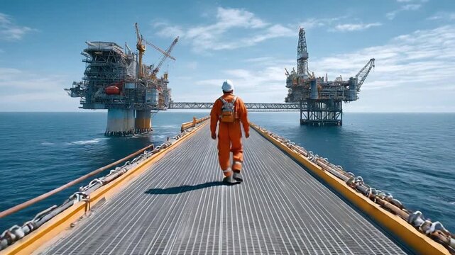 Maritime worker on an Oil Rig: A resolute maritime worker strides confidently toward an offshore oil rig, framed against a vast expanse of ocean under a clear, bright sky.