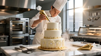 professional chefs demonstrating cake decorating techniques in a modern commercial bakery kitchen