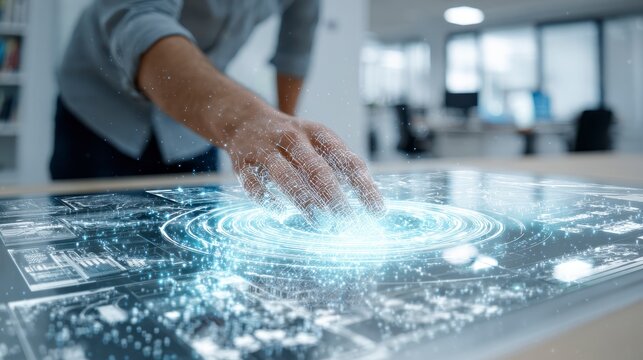 A person's hand interacting with a holographic display, generating glowing blue energy on a table, in a modern interior - Powered by Adobe