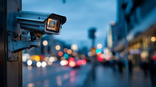A close-up view of a security camera mounted on a post, overlooking a blurred street scene at dusk with city lights