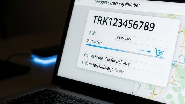 Courier Tracking Screen On Laptop Showing Shipment Details.
