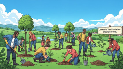 Community tree plantation event for a greener future with people planting trees and saplings in a green