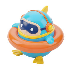 Bright blue plastic diver toy wearing an orange float
