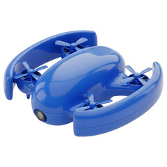 Blue aerodynamic quadcopter drone rendered against a black background