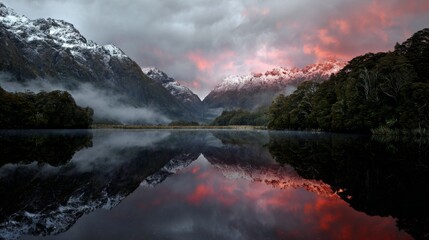 A stunning sunrise over the majestic mountains of New Zealand, reflecting in the crystal-clear waters of Lake Quill. Mist rises from the surface, illuminating snow-capped peaks and lush greenery.